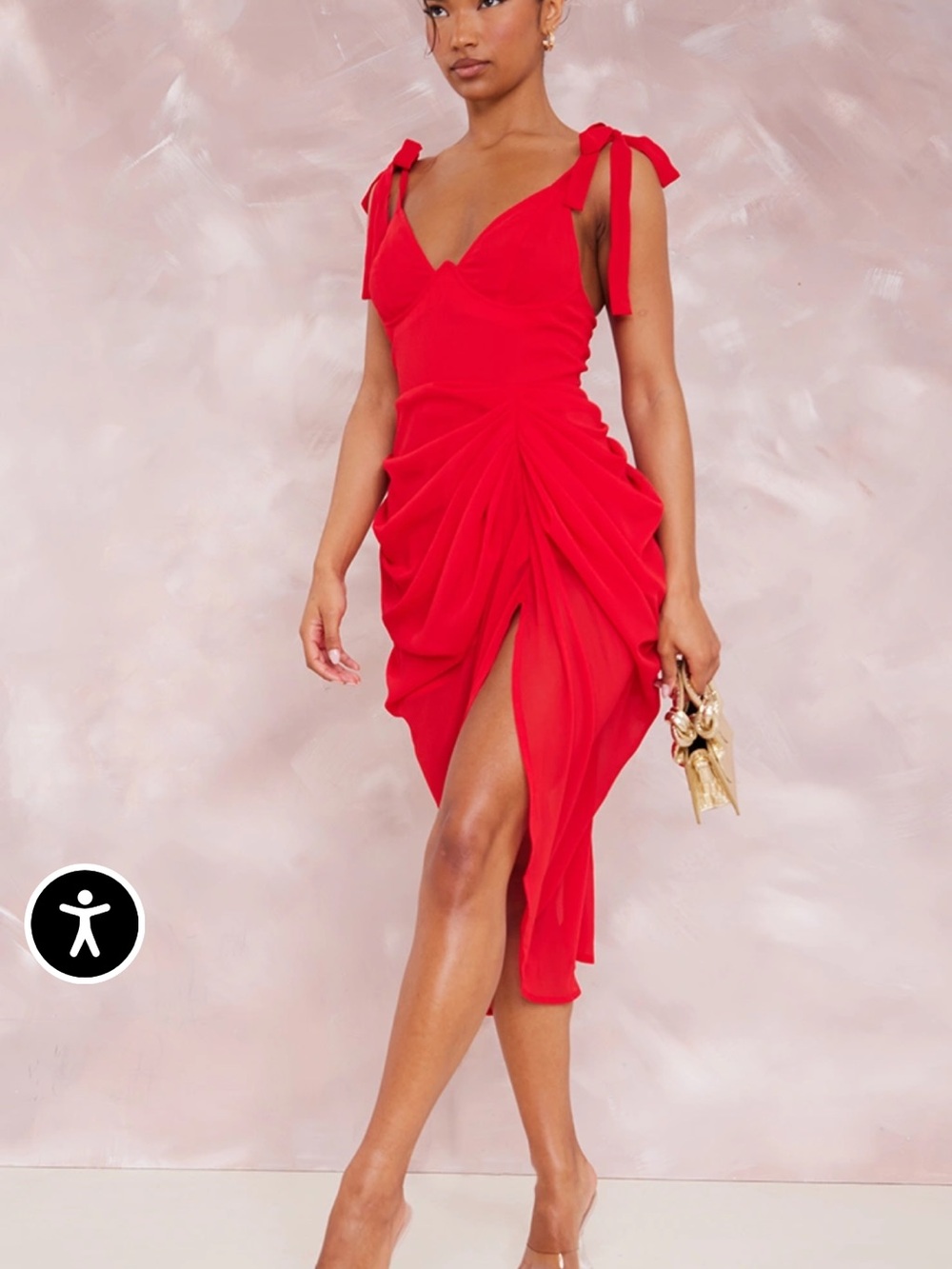 PrettyLittleThing Red Tie-Shoulder Ruched Midi Dress